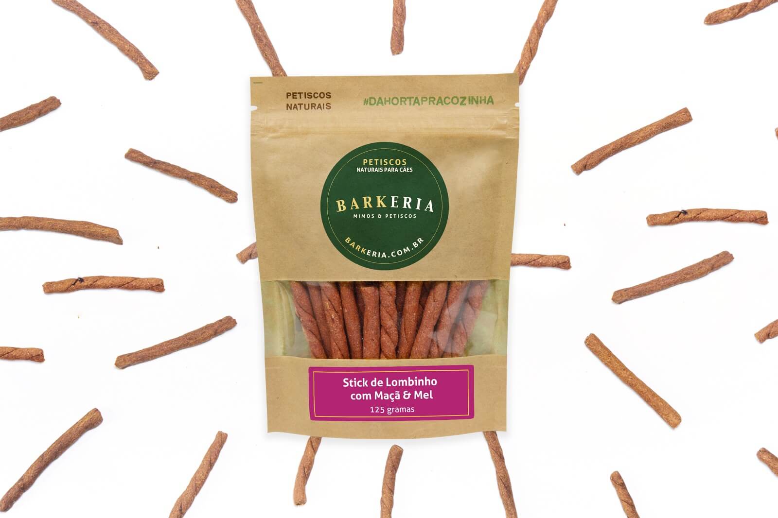 petisco natural stick de lombinho maçã e mel barkeria